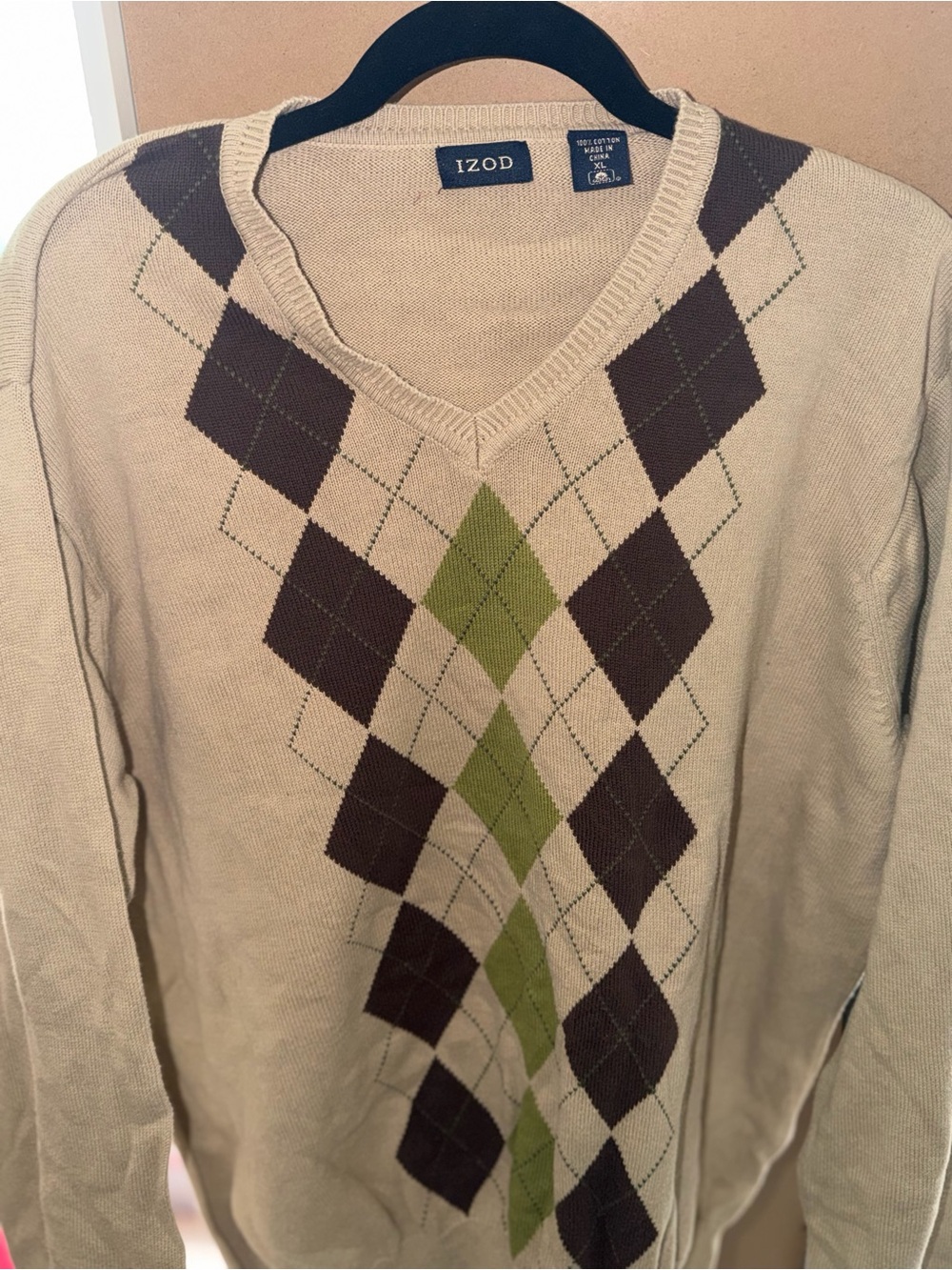 Izod Beige V-Neck Sweater with Brown and Green Argyle